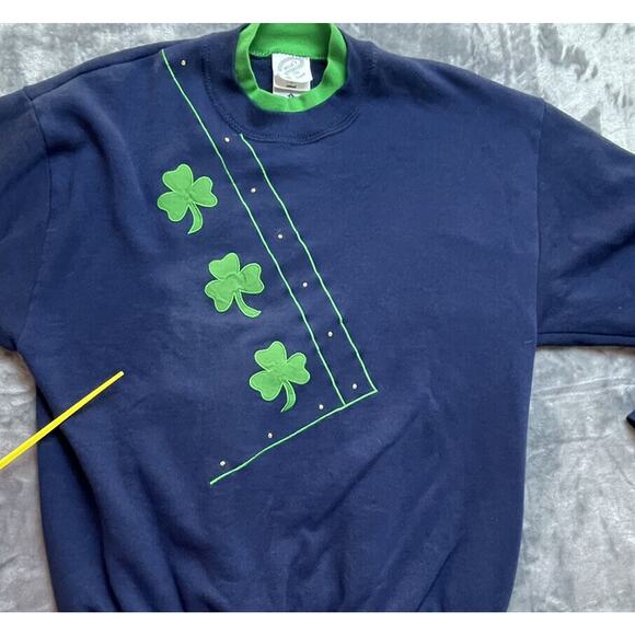 Vintage Jerzees NuBlend Sweatshirt Womens L Blue Lucky Shamrock St Patricks Day - Picture 7 of 7